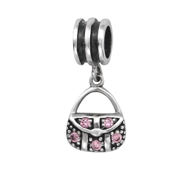 Silver CZ Pink Hanging Shopping Bag Charm Bead