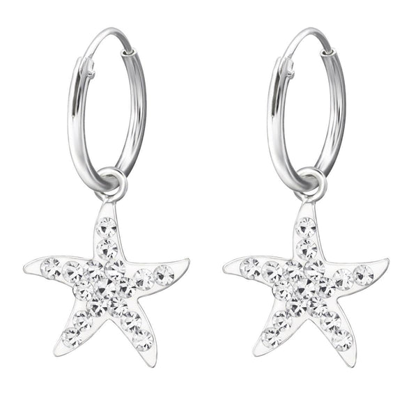 Children's Silver Hanging Starfish Crystal Ear Hoops