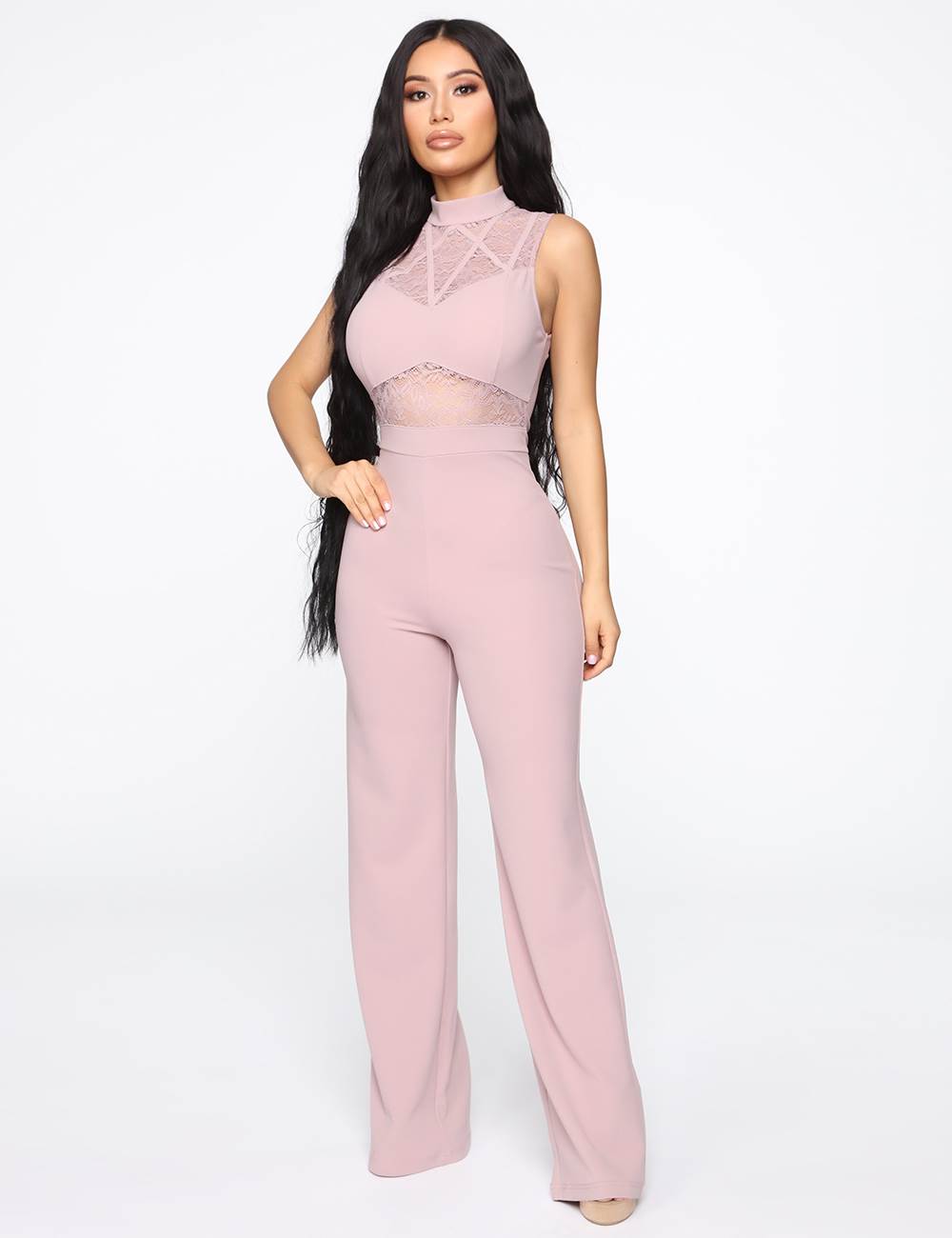 Pink Hollow Lace Sleeveless High Neck Sexy Jumpsuit