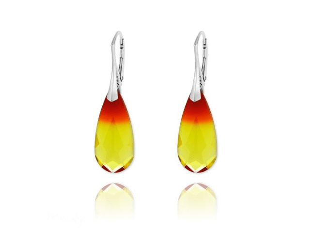 Silver Teardrop Earrings Fire Opal Swarovksi Crystal