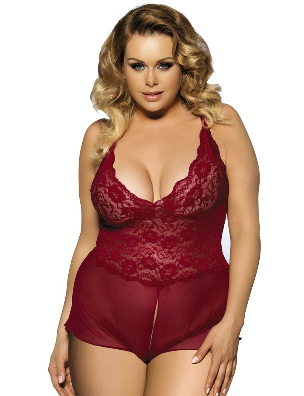 Red Halter Lace Plus Size Teddy Ling