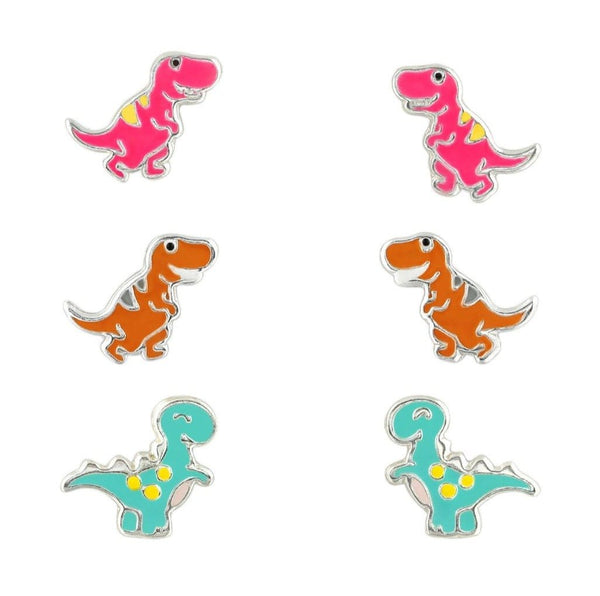 Silver Dinosaur Earrings Set for Kids