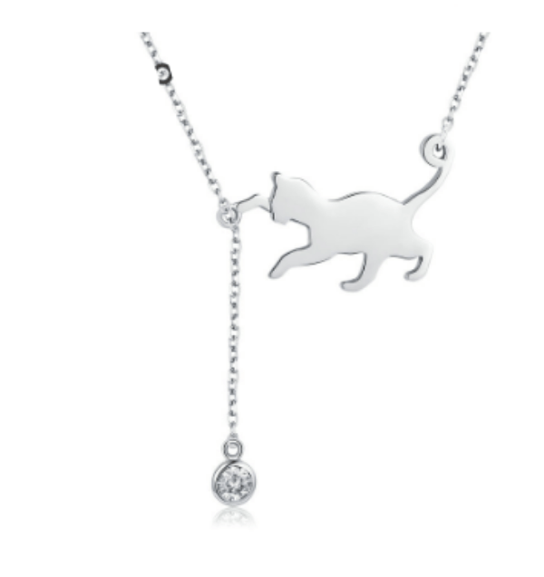Silver Cat and Ball Necklace