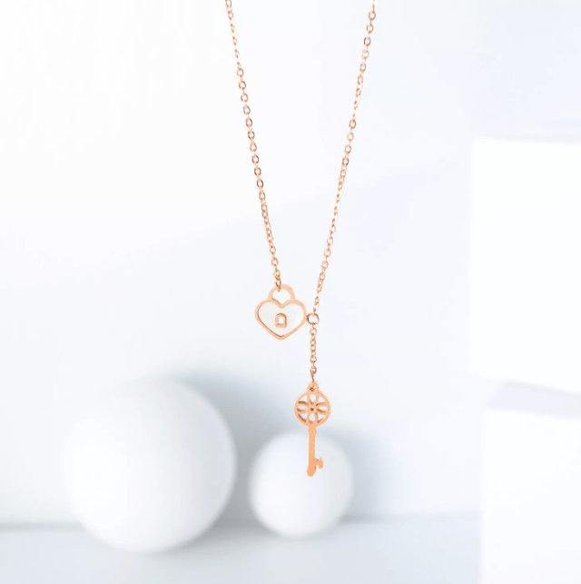 Rose Gold Lock and Key Women Necklace 
