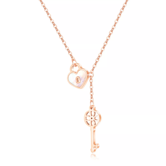 Rose Gold Lock and Key Necklace for Women