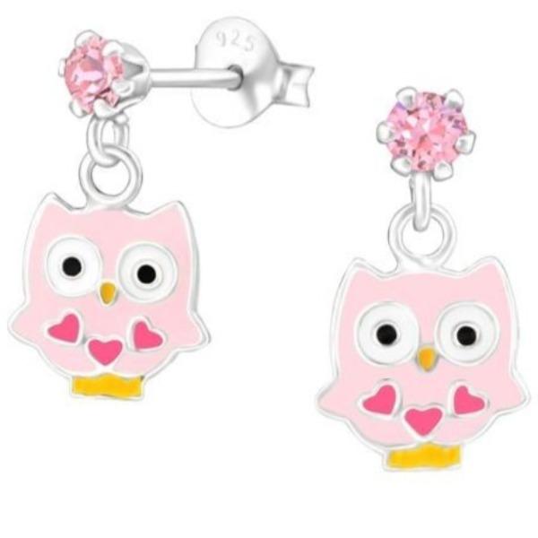 Cute Girls Pink Owl Earrings with Swarovski Crystal