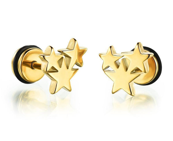 Gold Three Star Steel Earrings