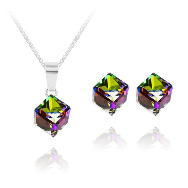Silver Multi-Colour Crystal Cube Jewellery Set