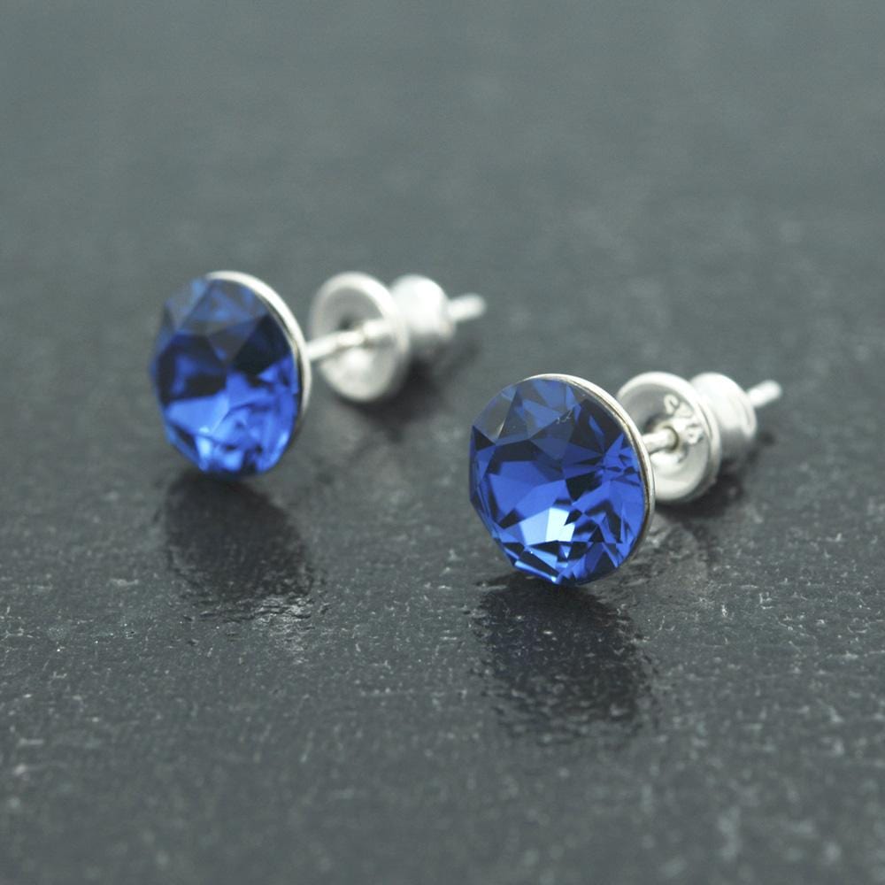 Silver and Sapphire Stud Earrings with Swarovski Crystal