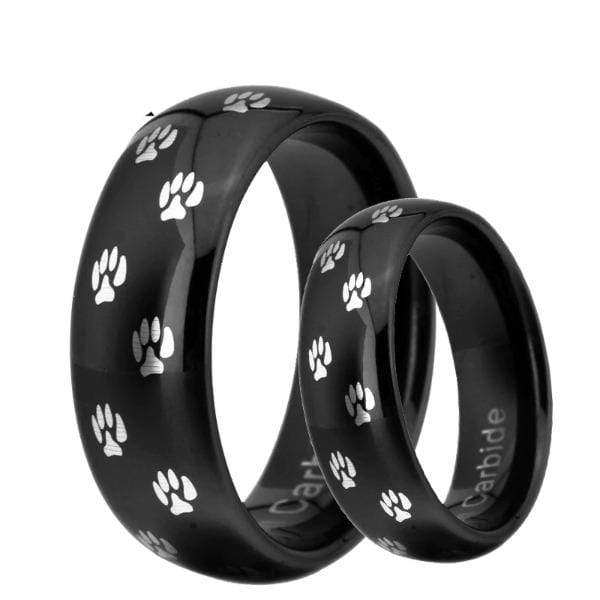 Tungsten Paw Print Black Couple Wedding Engagement Ring