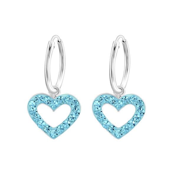 Children's Silver Hanging Heart Aqua  Crystal Hoop Earrings