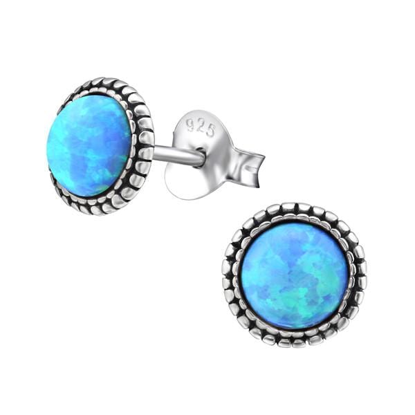 Sterling Silver Azure Opal Round Ear Studs