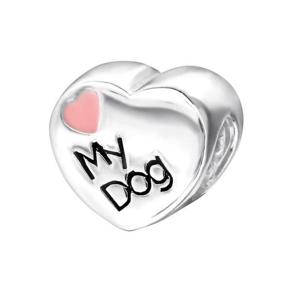 Silver Heart Love My Dog Bead with Epoxy