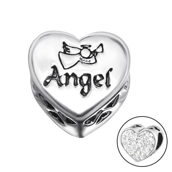 Silver Crystal Heart Angel Charm Bead