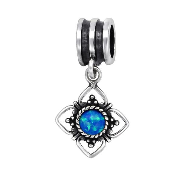 Silver Pacific Blue Opal Flower Charm Bead 