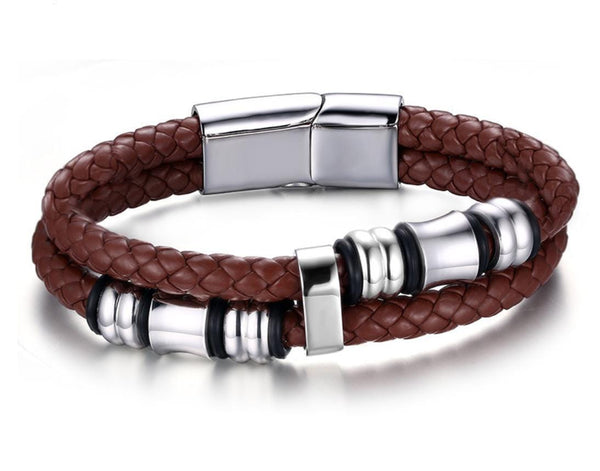 Steel Beads Brown Leather Bracelet
