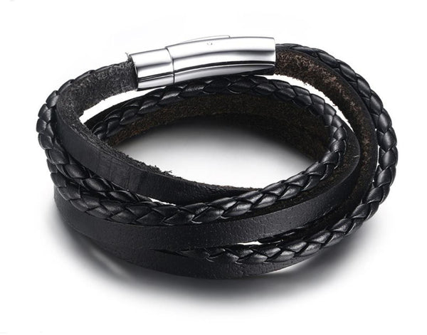 Stainless Steel Black Leather Bracelet
