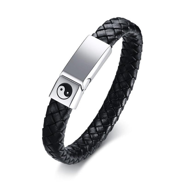 Mens Black Leather Bracelets with Steel Clasp