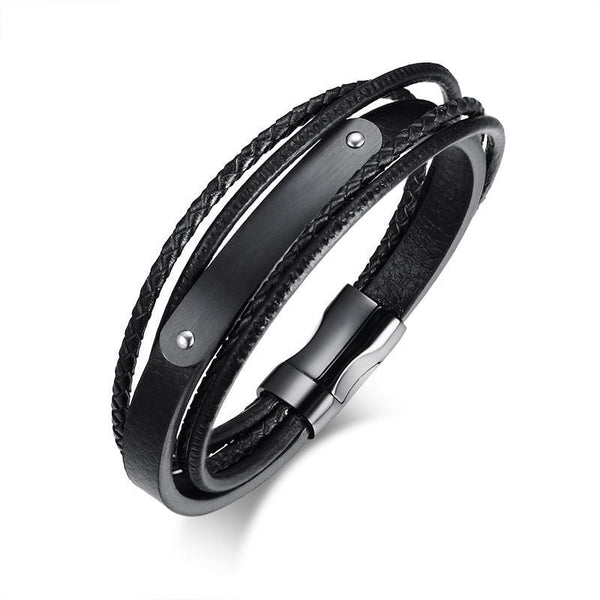 Stainless Steel Black Leather ID Bracelet