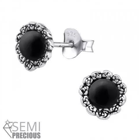 Silver  Flower Earrings with Geniune Onyx Black Stone