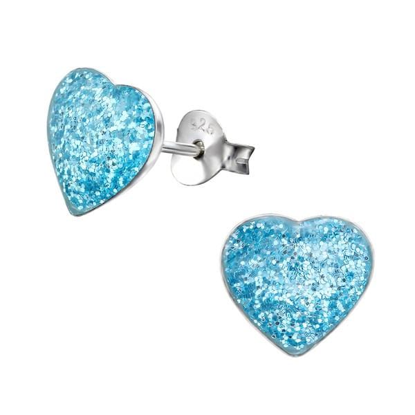 Kids Silver Heart Blue Glitter Colorful Earrings