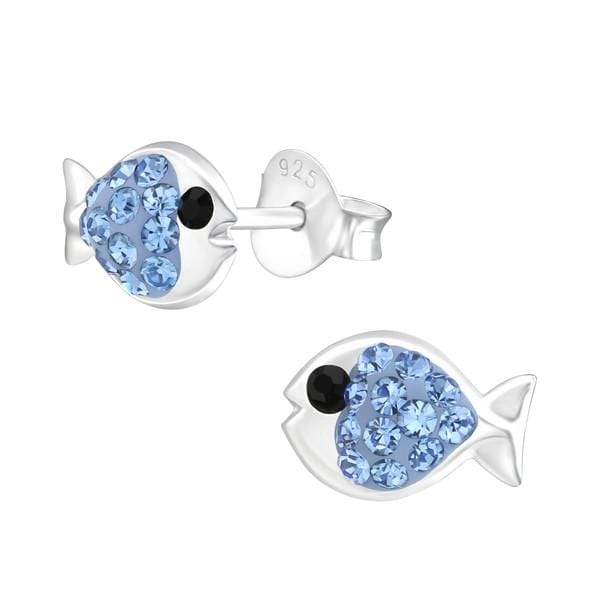 Kids Silver Blue Crystal Fish Stud Earrings