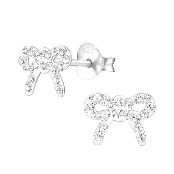 Silver Kids Crystal Bow Stud Earrings With Swarovski Crystal
