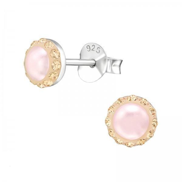 Silver Round Pink Pearl Stud Earrings with Swarovski Crystal