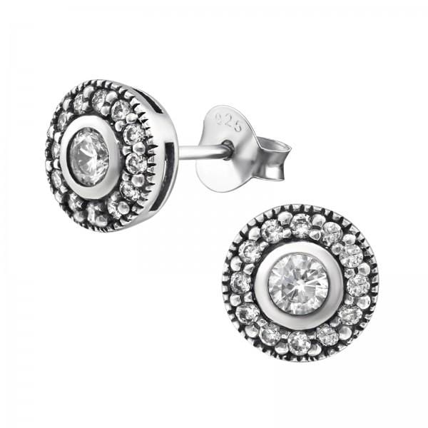 Silver CZ  Round Stud Earrings