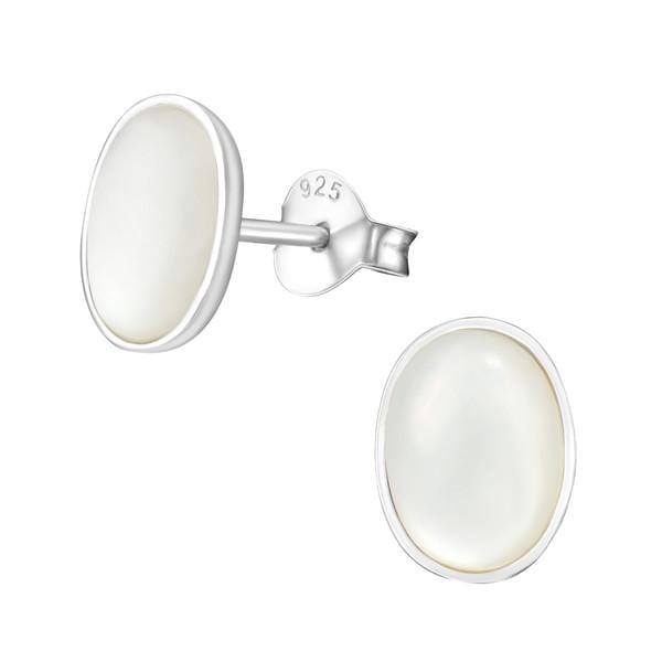 Silver Oval White Stud Earrings