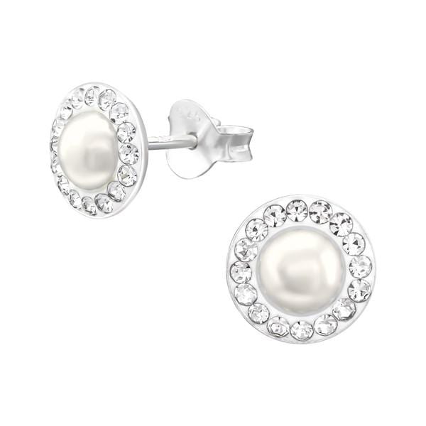 Silver Pearl Round Crystal Stud Earrings