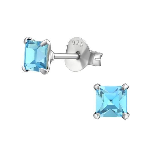 Silver Blue Stone Square Earrings with Swarovski Crystals