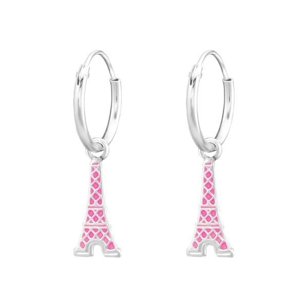 Kids Silver Pink Eiffel Tower Hoop Earrings