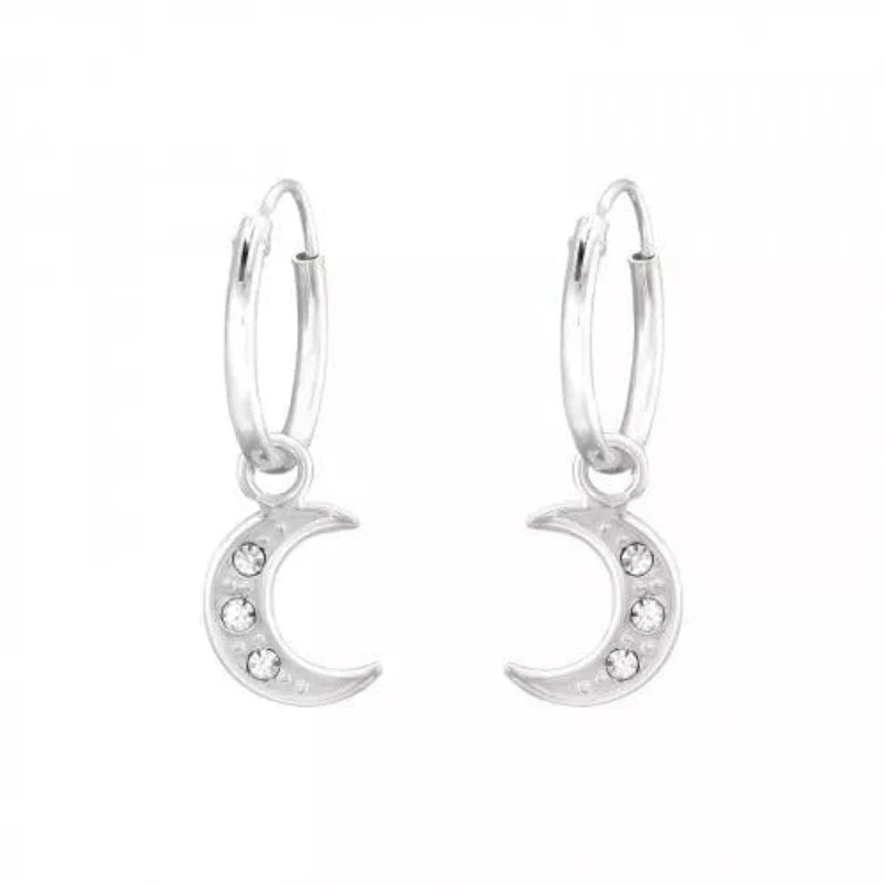 Silver Hanging Moon Hoops Earrings