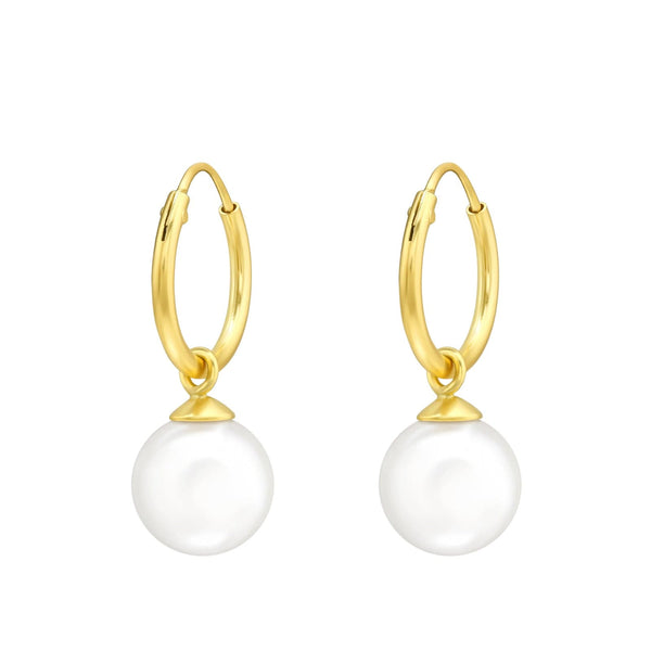 Gold White Pearl Hanging Hoop Earrings