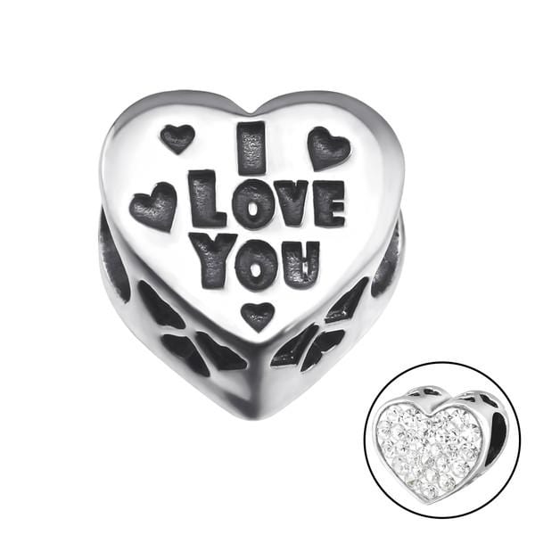 Silver Heart I Love You Crystal Charm Bead
