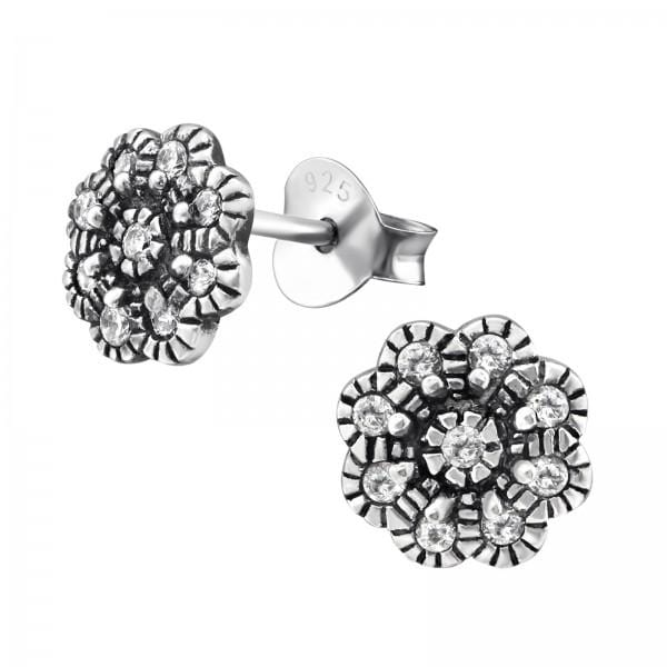 Silver CZ Crystal Flower Stud Earrings