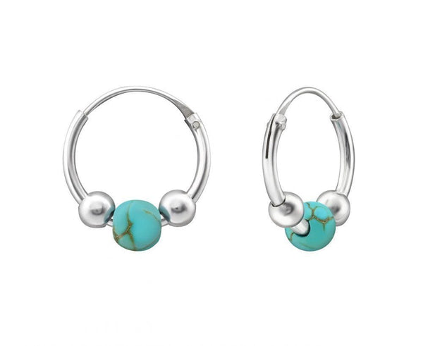 Sterling Silver Hoop Earrings with Turquoise Beads