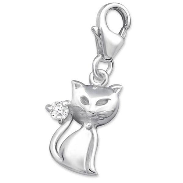 Sterling Silver Cat Charm with Cubic Zirconia