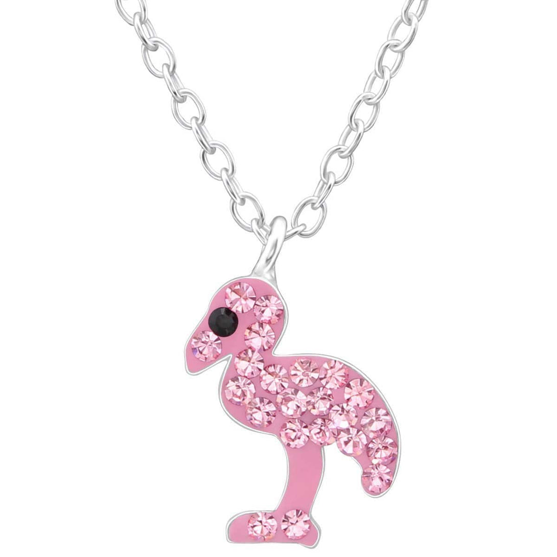 Kid's Sterling Silver Flamingo Necklace Made With Swarovski Crystals