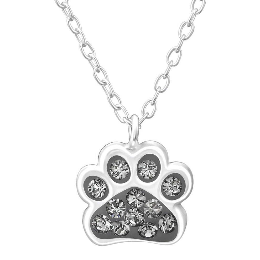 Kid's Sterling Silver Paw Print Necklace Made With Swarovski Crystals