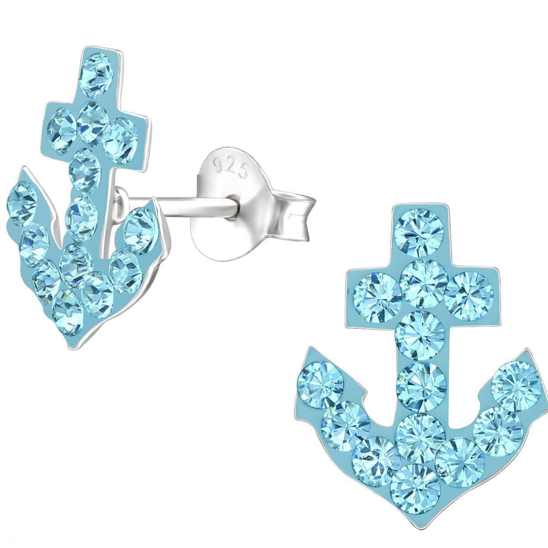 Kid's Sterling Silver Anchor Ear Studs Made With Swarovski Crystals