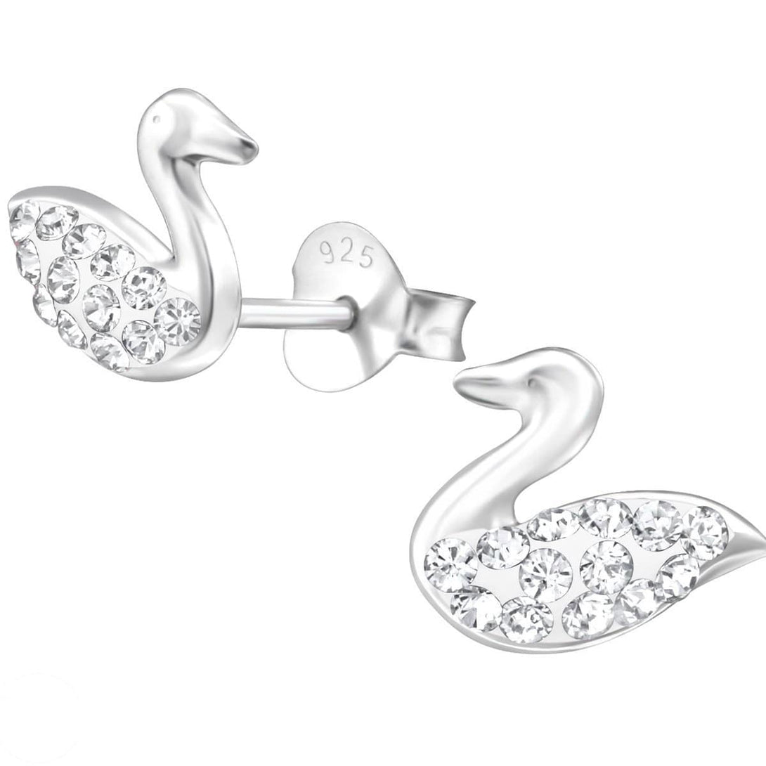 Kid's Sterling Silver Swan Ear Studs Made With Swarovski Crystal