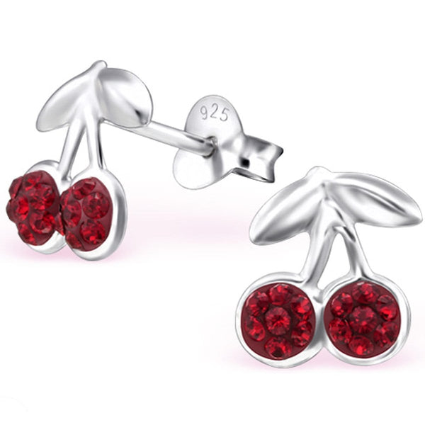 Kid's Sterling Silver Cherry Ear Studs Made With Swarovski Crystals