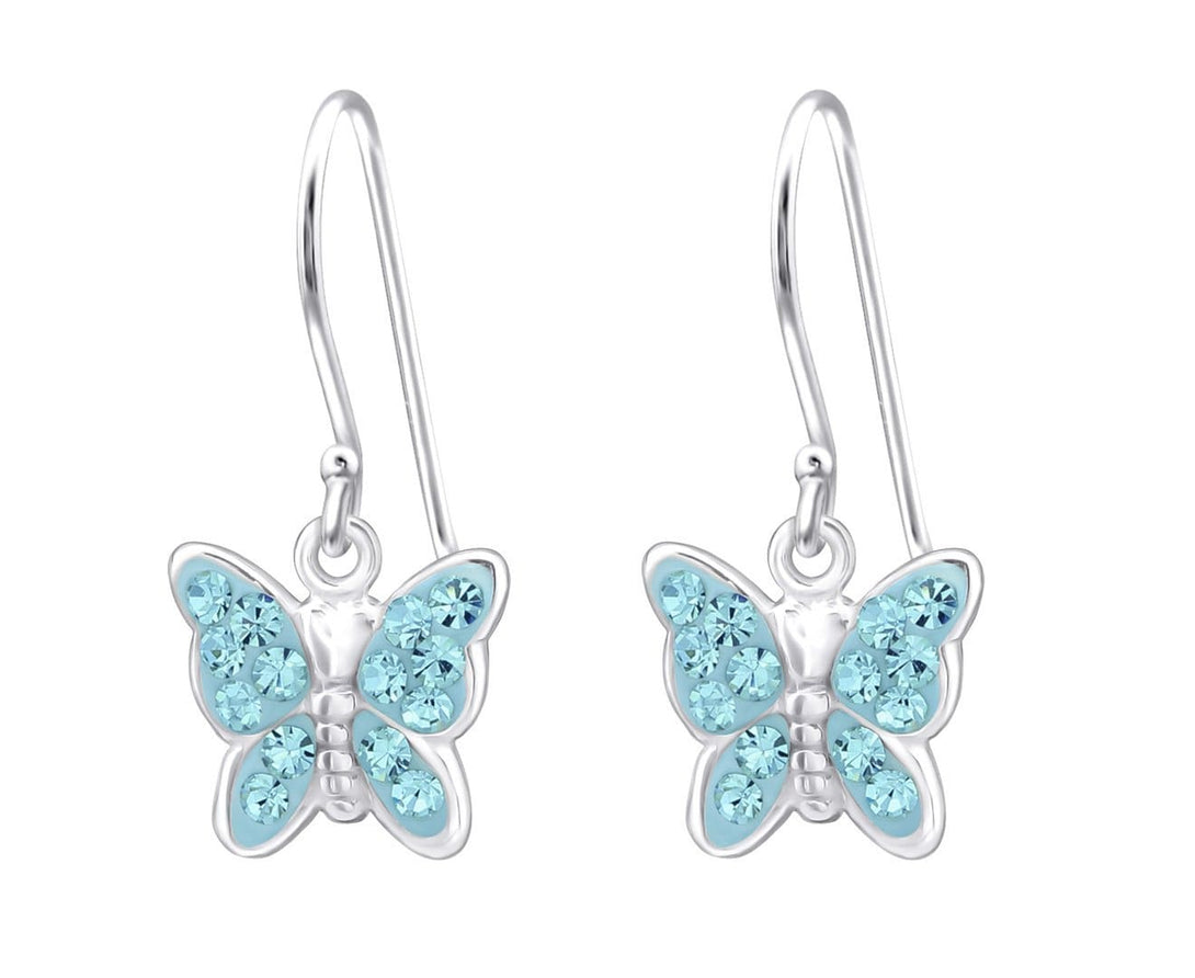 Silver and Diamante Aqua Bohemica Butterfly Drop Earrings