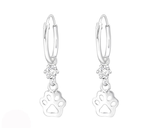 Sterling Silver Kids Hanging Paw Print earrings Made With Swarovski Crystal