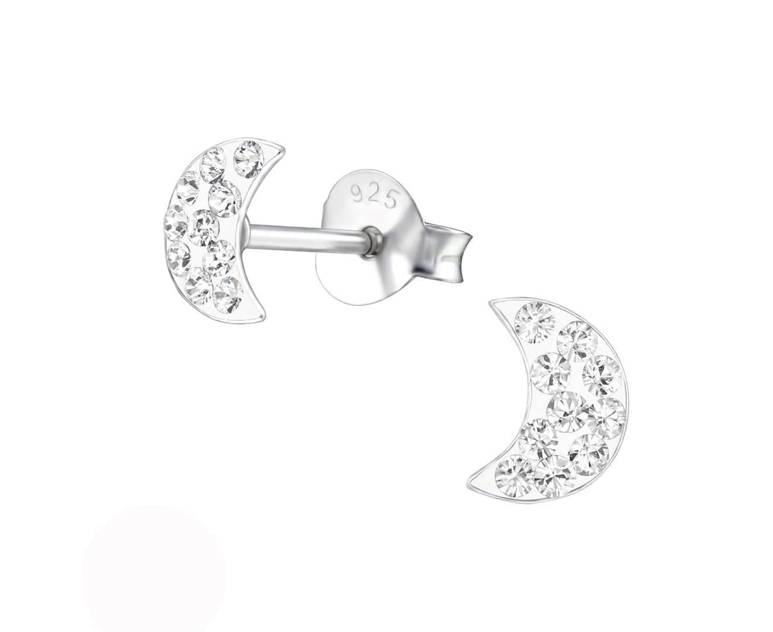 Sterling Silver Kids Moon Stud Earrings Made With Swarovski Crystal
