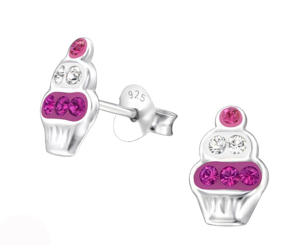 Sterling Silver Kids Purple Cupcake Stud Earrings Made With Swarovski Crystal