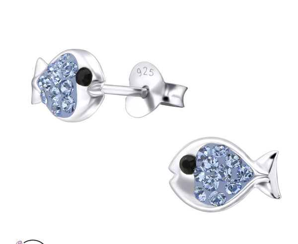 Sterling Silver Kids Fish Stud Earrings Made With Swarovski Crystal