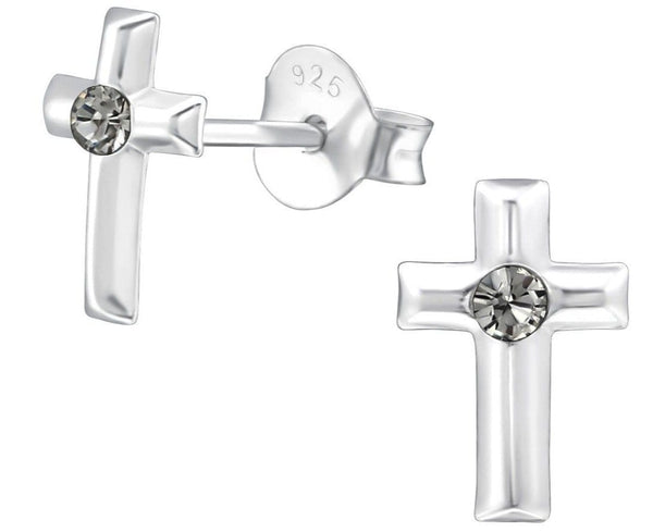 Sterling Silver Black Diamond Cross Stud Earrings Made With Swarovski Crystal